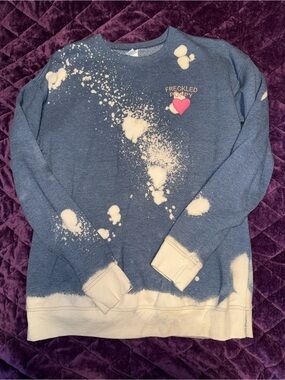 Freckled Poppy Denim Blue Crewneck Sweatshirt with bleach Splatter & Pink Heart